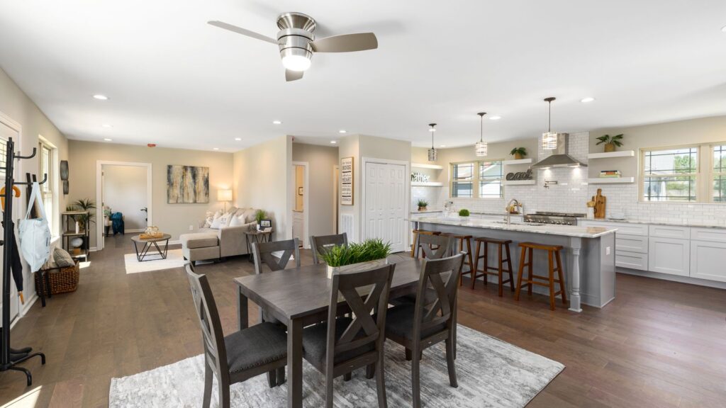 Spacious open-concept kitchen and living area featuring modern interior design.