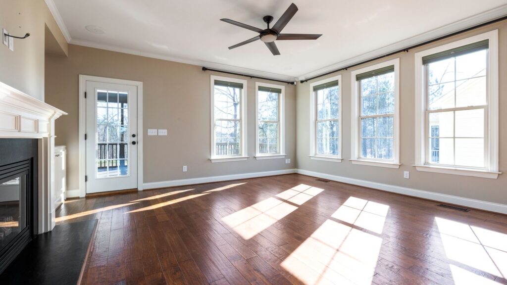 Bright and empty living room with hardwood floor, ceiling fan, and large windows.